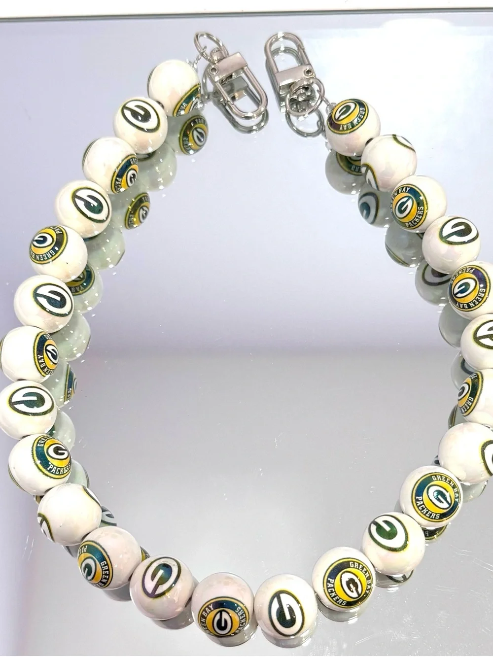 New White Beaded Bag Chain 18 inches with Team Logo